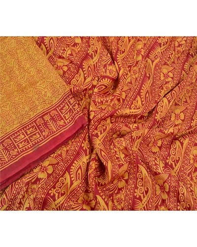 Sanskriti Vintage Mustard Sarees Pure Silk Printed Sari Soft 5Yd Craft Fabric, PR-53470-Mustard-Pure Silk-2