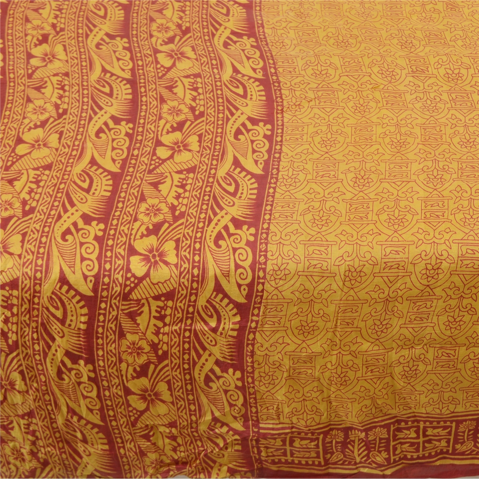 Sanskriti Vintage Mustard Sarees Pure Silk Printed Sari Soft 5Yd Craft Fabric, PR-53470-Mustard-Pure Silk-3