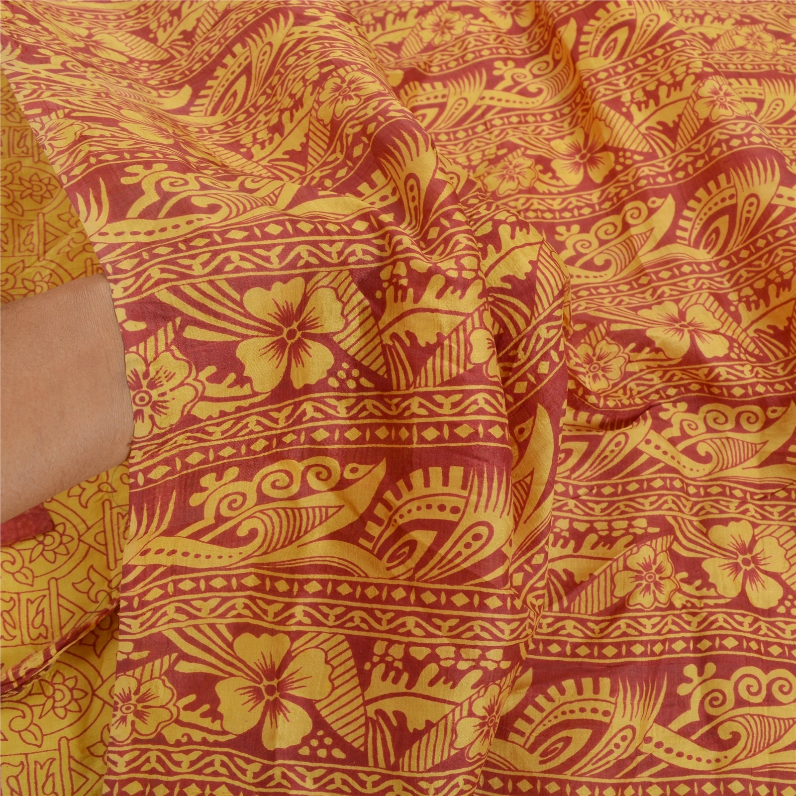 Sanskriti Vintage Mustard Sarees Pure Silk Printed Sari Soft 5Yd Craft Fabric, PR-53470-Mustard-Pure Silk-5