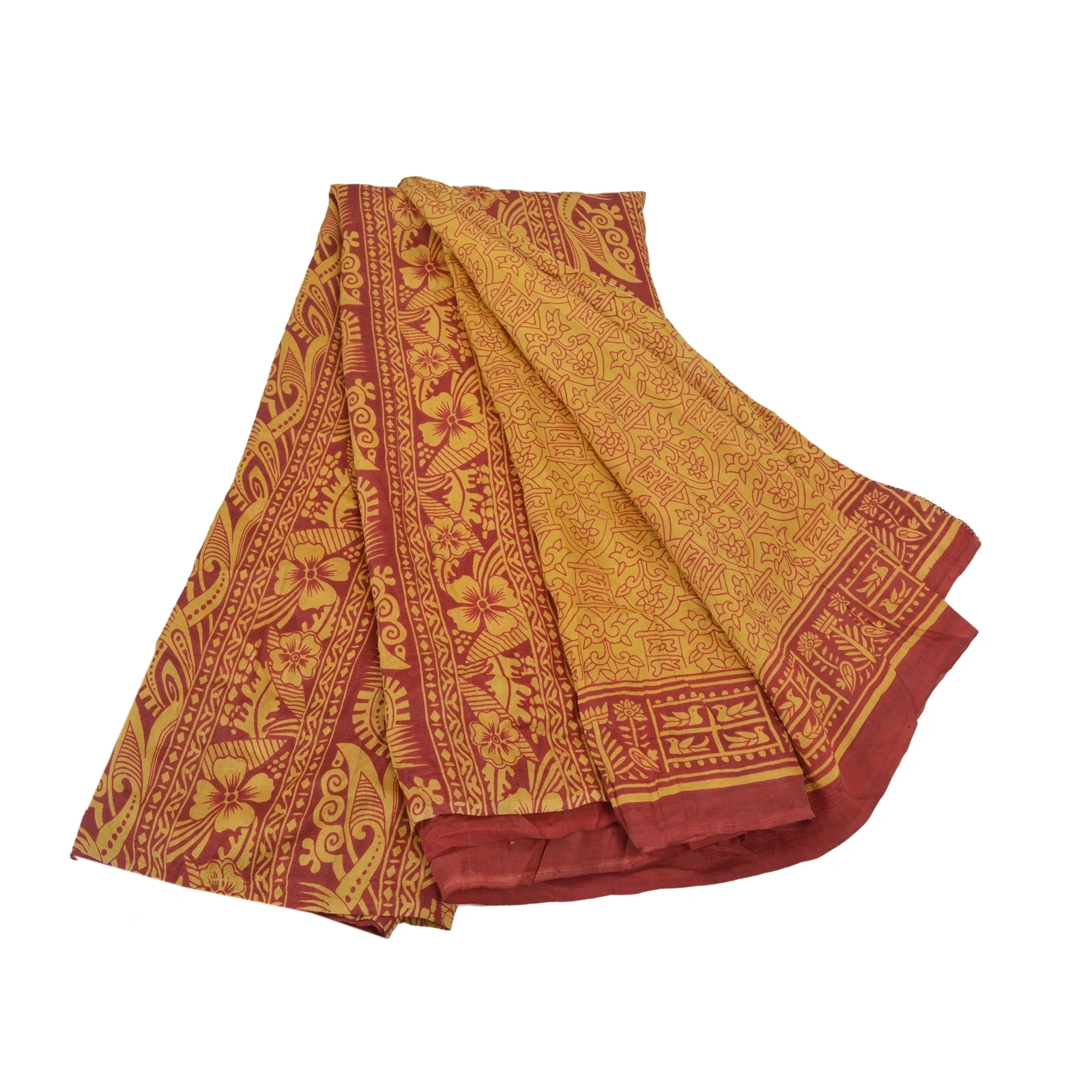 Sanskriti Vintage Mustard Sarees Pure Silk Printed Sari Soft 5Yd Craft Fabric, PR-53470-Mustard-Pure Silk-6