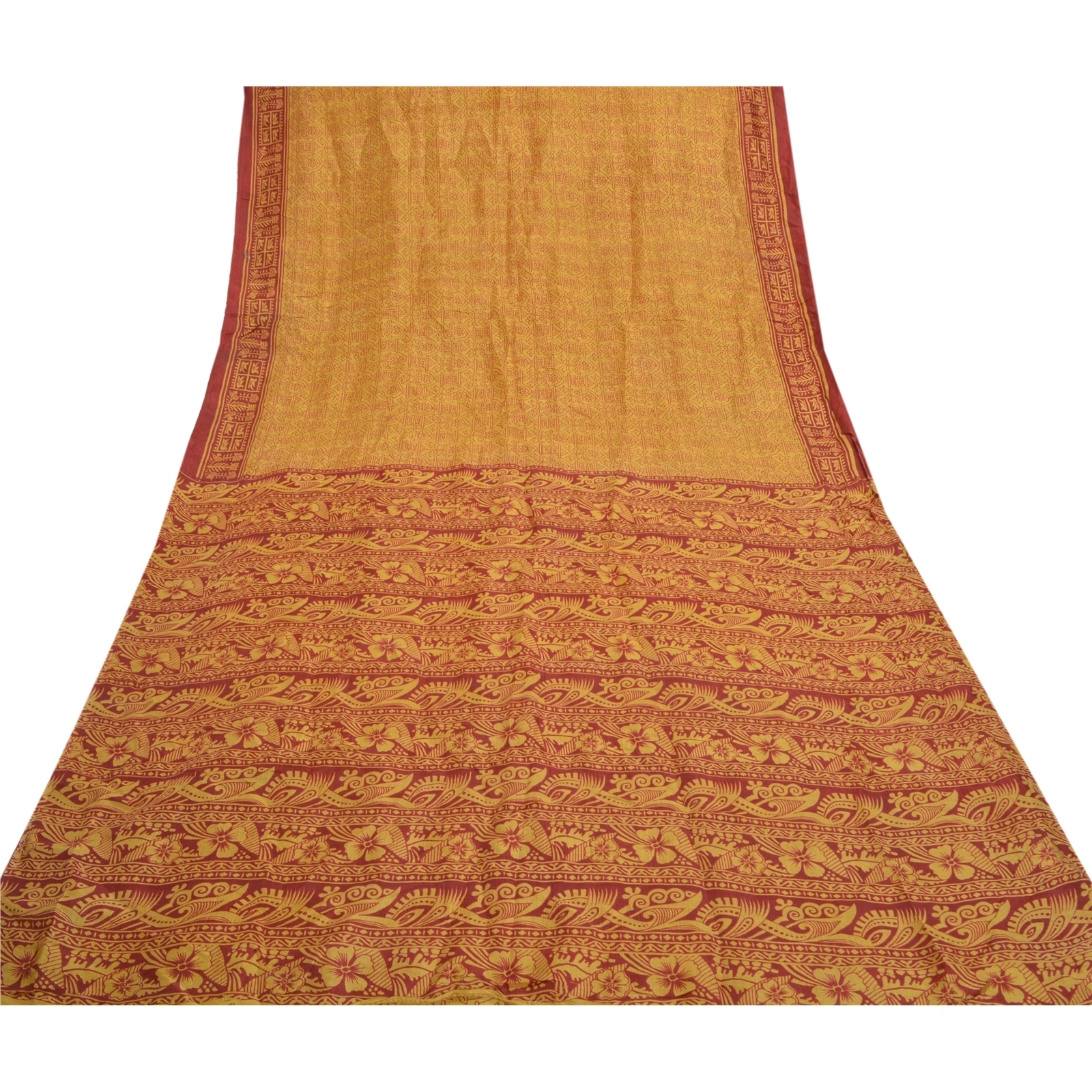 Sanskriti Vintage Mustard Sarees Pure Silk Printed Sari Soft 5Yd Craft Fabric, PR-53470-Mustard-Pure Silk-7