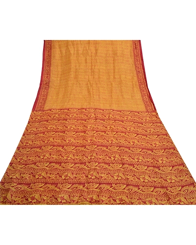 Sanskriti Vintage Mustard Sarees Pure Silk Printed Sari Soft 5Yd Craft Fabric, PR-53470-Mustard-Pure Silk-7