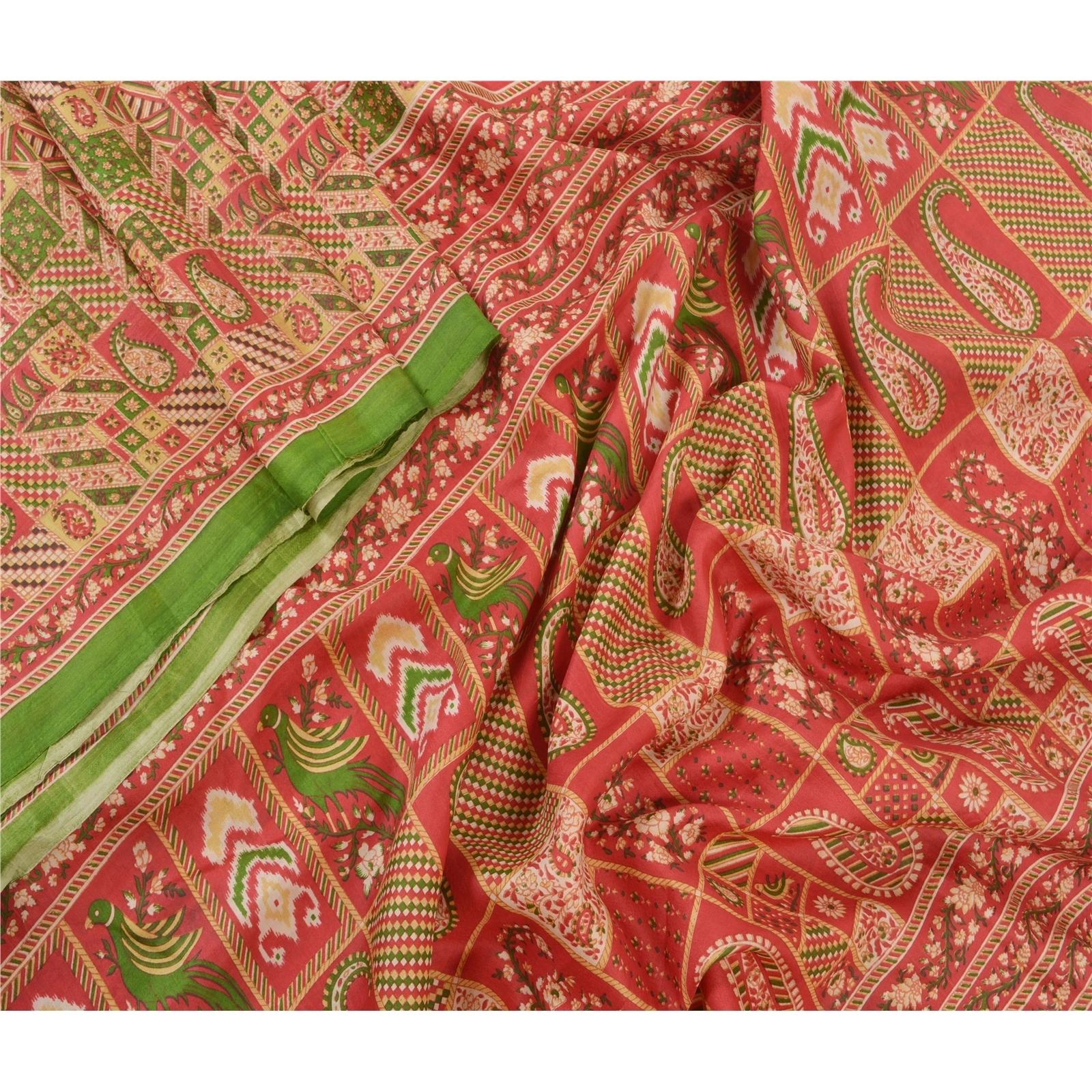 Sanskriti Vintage Red Sarees 100% Pure Silk Printed Sari Soft 5Yd Craft Fabric, PR-53624-Red-Pure Silk-1