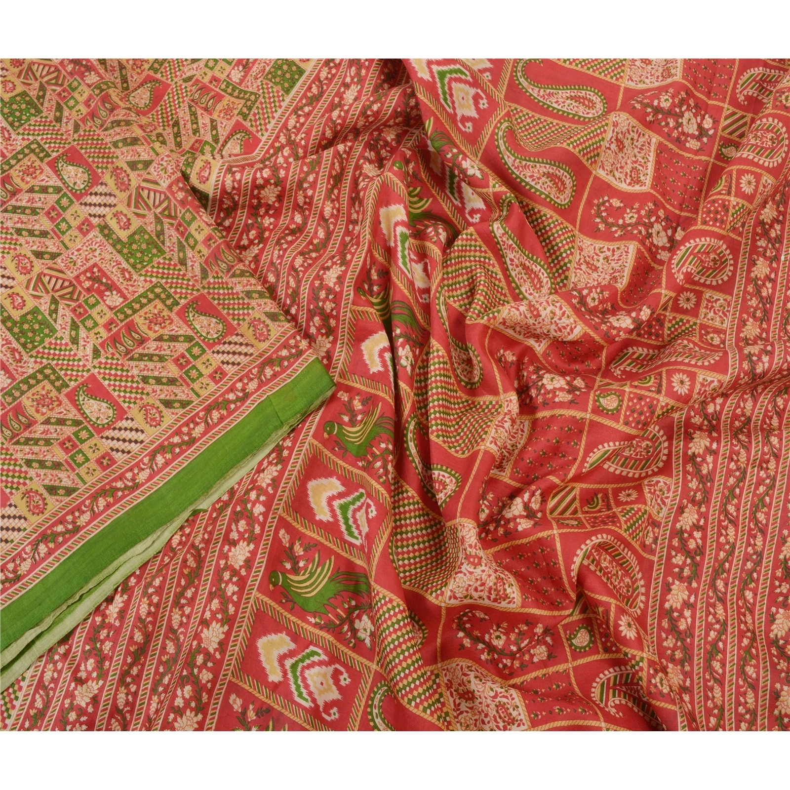 Sanskriti Vintage Red Sarees 100% Pure Silk Printed Sari Soft 5Yd Craft Fabric, PR-53624-Red-Pure Silk-2