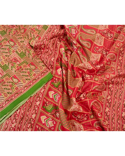 Sanskriti Vintage Red Sarees 100% Pure Silk Printed Sari Soft 5Yd Craft Fabric, PR-53624-Red-Pure Silk-2
