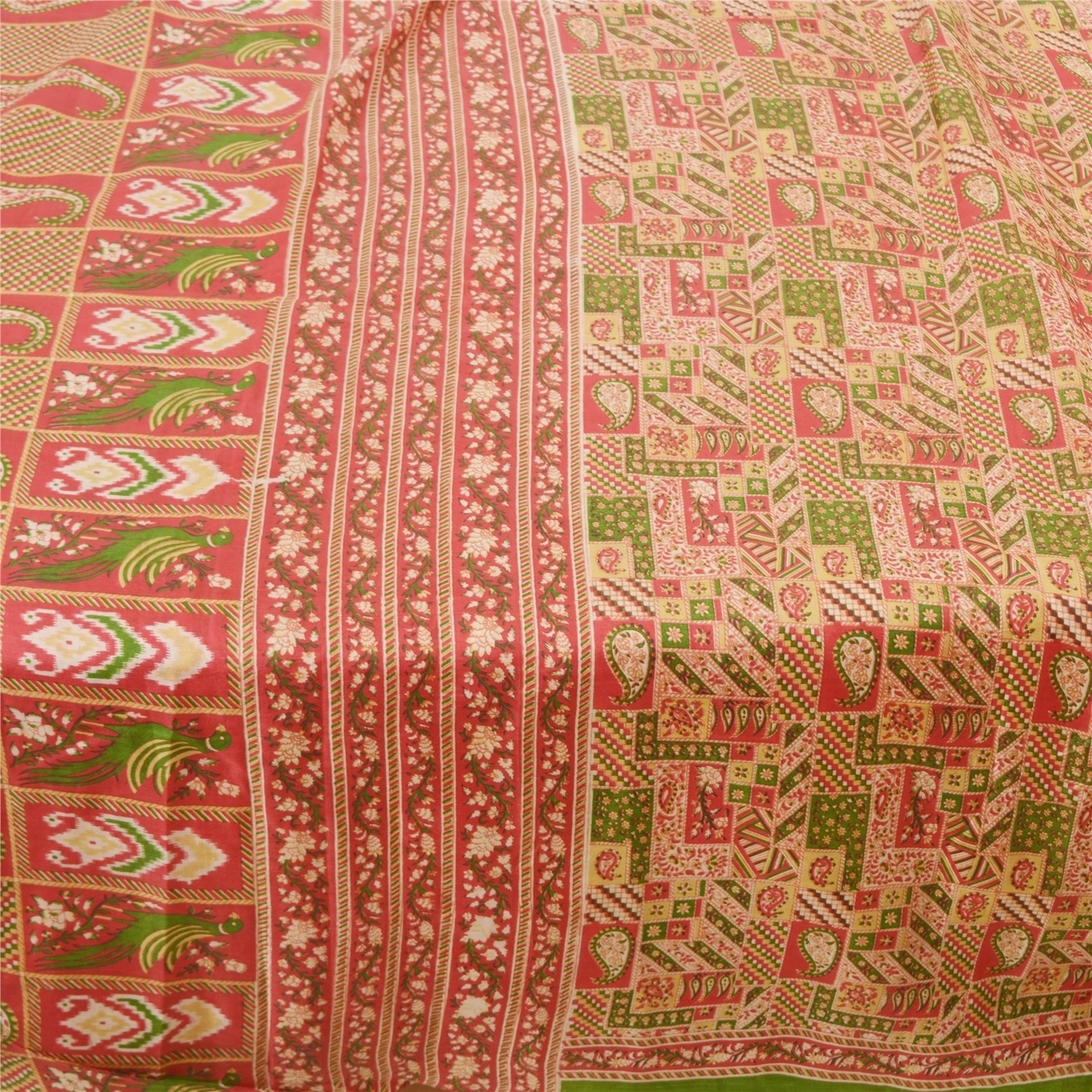 Sanskriti Vintage Red Sarees 100% Pure Silk Printed Sari Soft 5Yd Craft Fabric, PR-53624-Red-Pure Silk-3