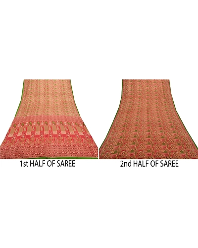 Sanskriti Vintage Red Sarees 100% Pure Silk Printed Sari Soft 5Yd Craft Fabric, PR-53624-Red-Pure Silk-4