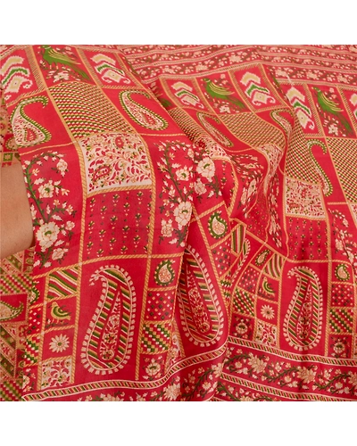 Sanskriti Vintage Red Sarees 100% Pure Silk Printed Sari Soft 5Yd Craft Fabric, PR-53624-Red-Pure Silk-5