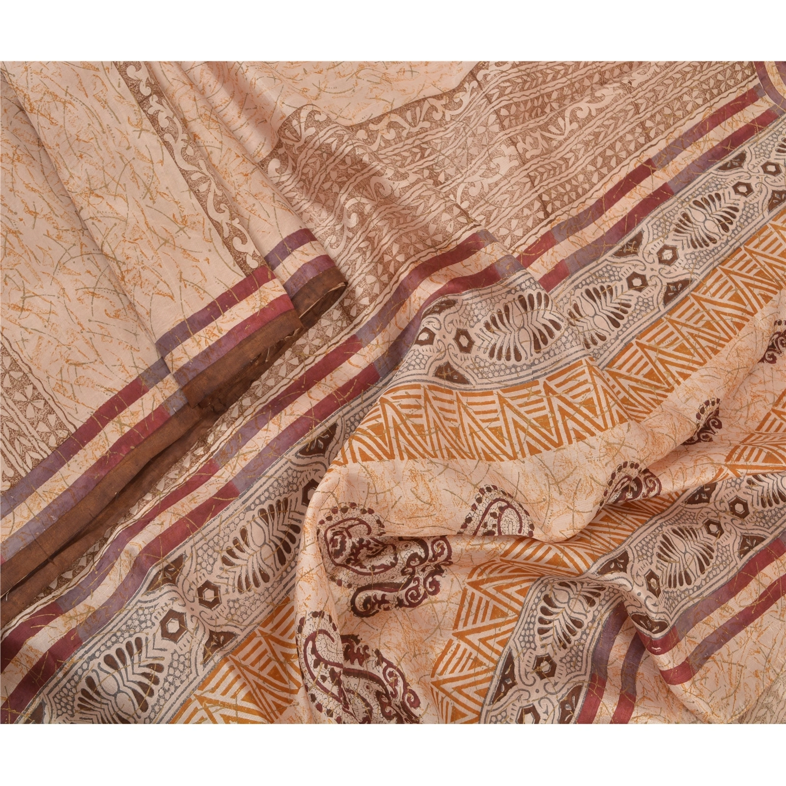 Sanskriti Vintage Cream Sarees Pure Silk Printed Sari Soft Indian Craft Fabric, PR-53702-Cream-Pure Silk-1