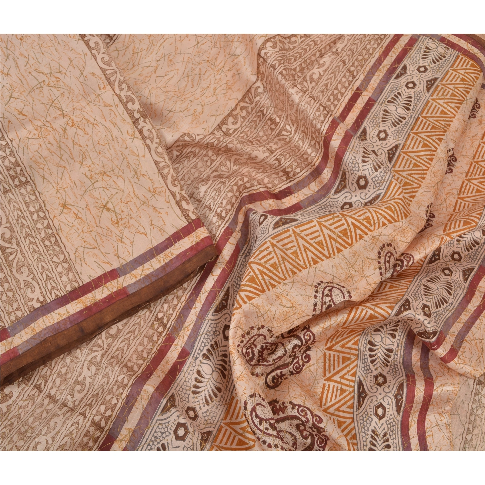 Sanskriti Vintage Cream Sarees Pure Silk Printed Sari Soft Indian Craft Fabric, PR-53702-Cream-Pure Silk-2