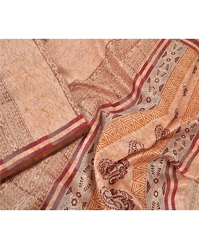 Sanskriti Vintage Cream Sarees Pure Silk Printed Sari Soft Indian Craft Fabric, PR-53702-Cream-Pure Silk-2