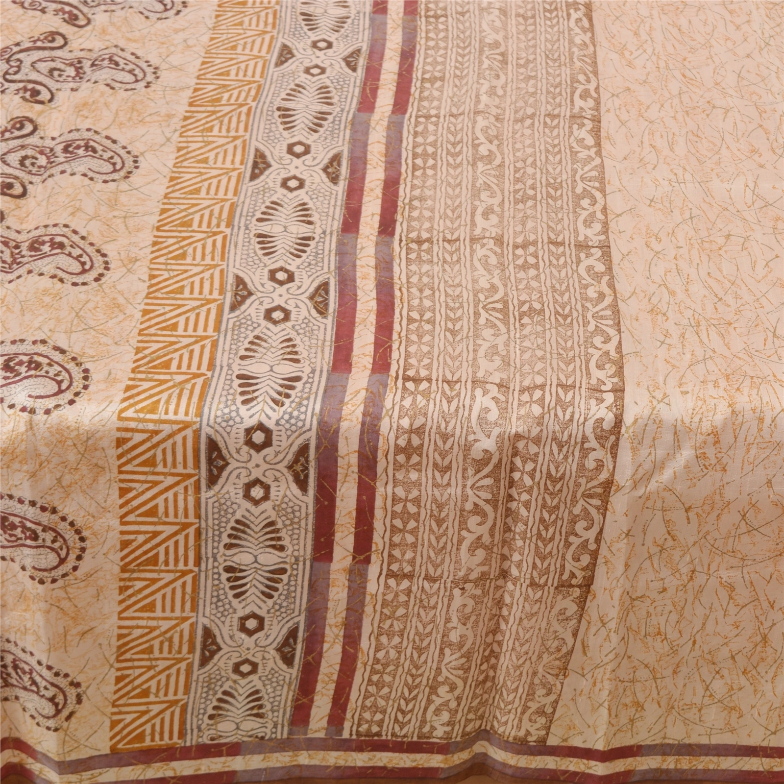 Sanskriti Vintage Cream Sarees Pure Silk Printed Sari Soft Indian Craft Fabric, PR-53702-Cream-Pure Silk-3