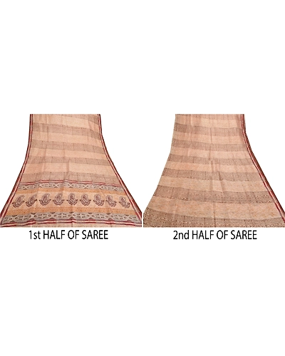 Sanskriti Vintage Cream Sarees Pure Silk Printed Sari Soft Indian Craft Fabric, PR-53702-Cream-Pure Silk-4
