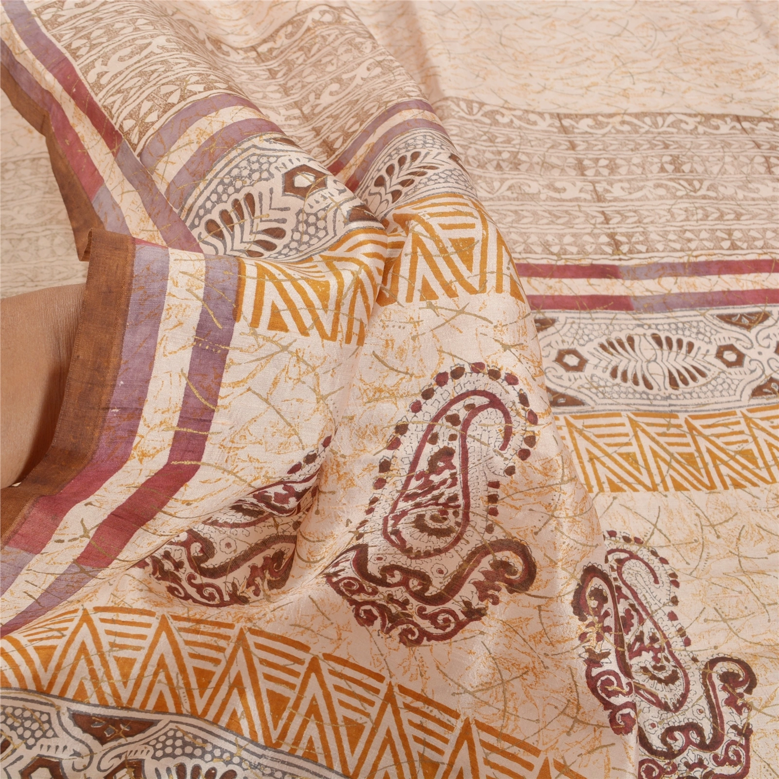 Sanskriti Vintage Cream Sarees Pure Silk Printed Sari Soft Indian Craft Fabric, PR-53702-Cream-Pure Silk-5