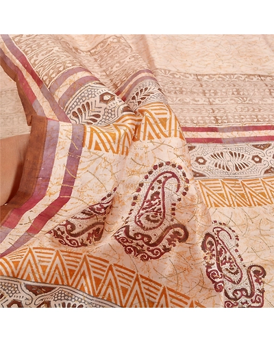 Sanskriti Vintage Cream Sarees Pure Silk Printed Sari Soft Indian Craft Fabric, PR-53702-Cream-Pure Silk-5