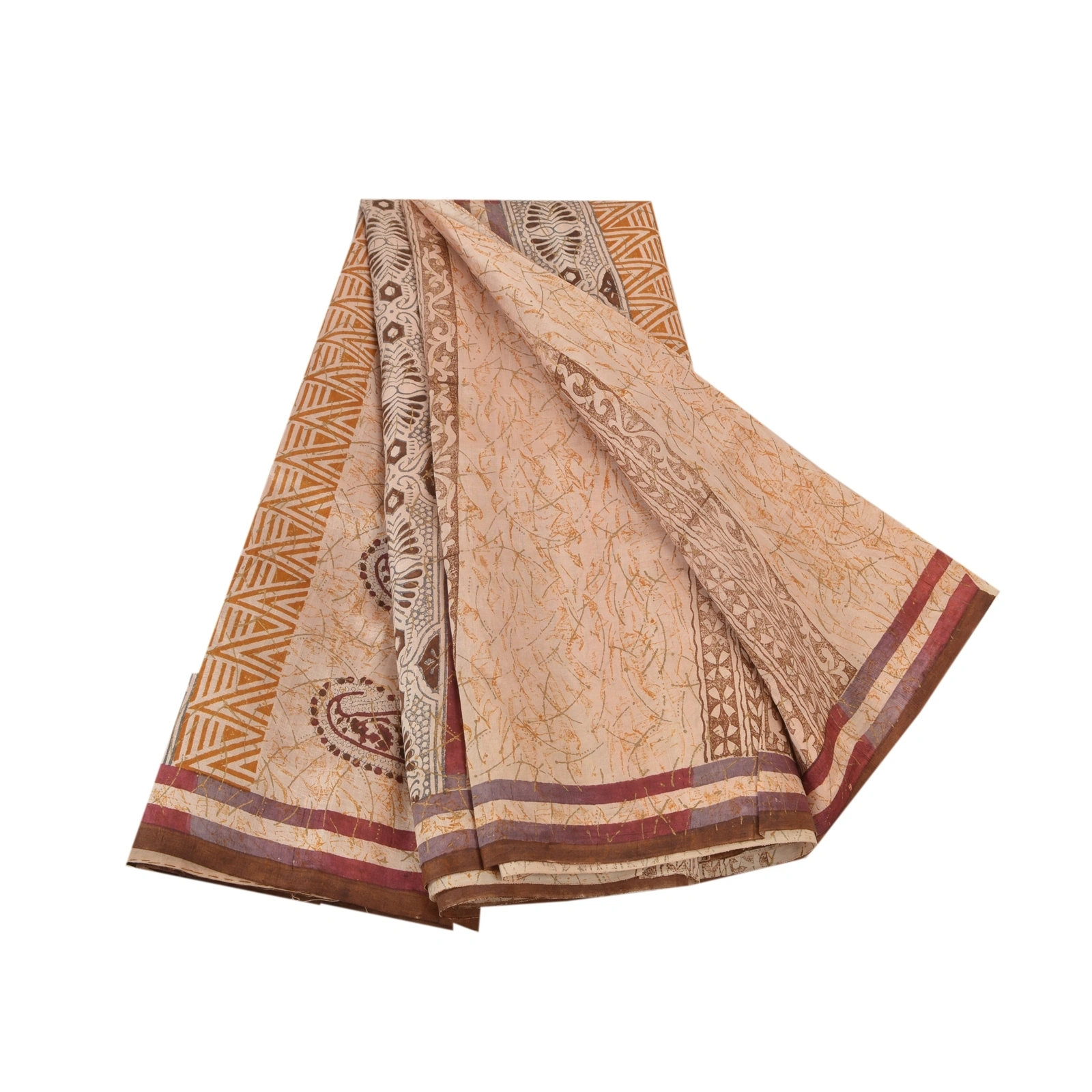 Sanskriti Vintage Cream Sarees Pure Silk Printed Sari Soft Indian Craft Fabric, PR-53702-Cream-Pure Silk-6