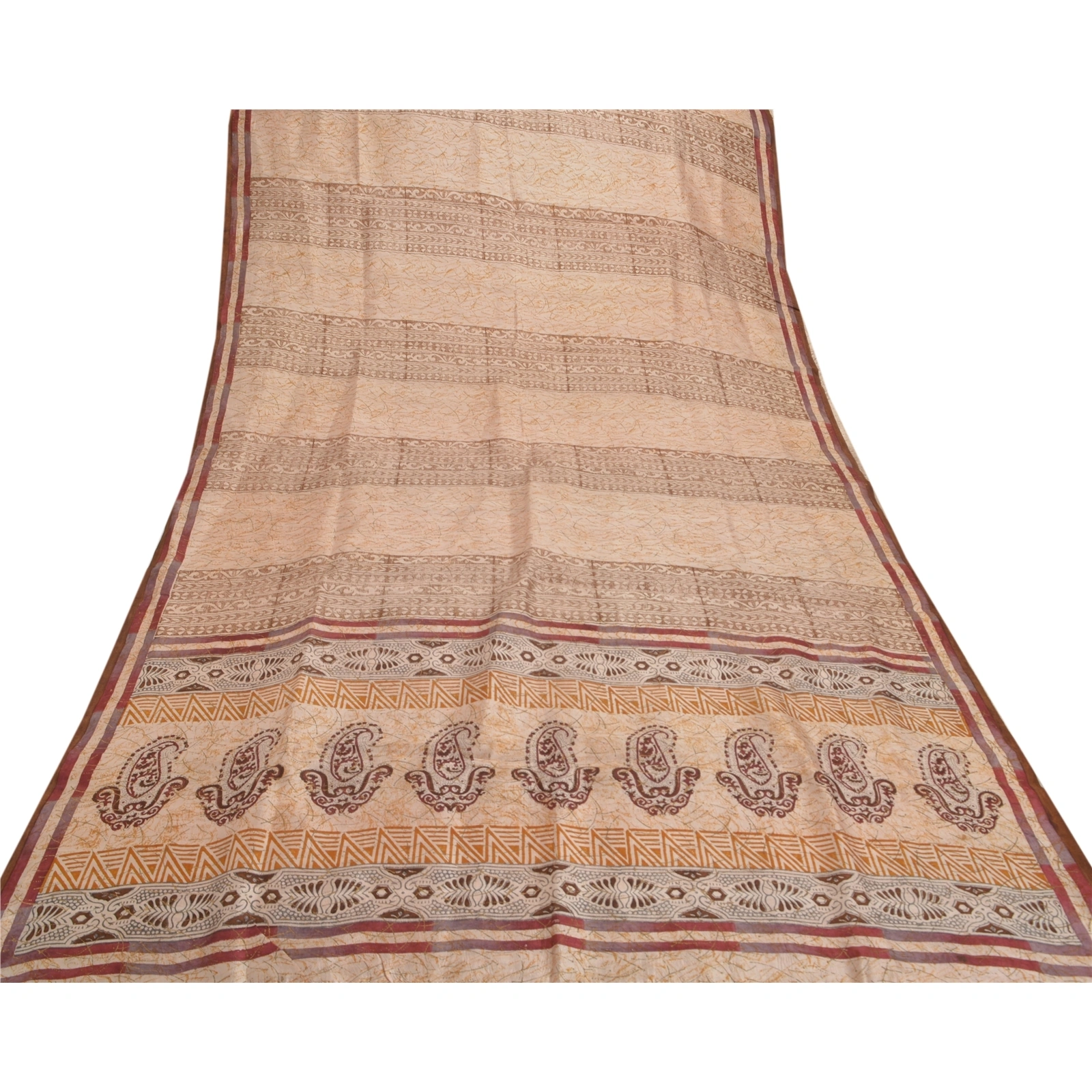 Sanskriti Vintage Cream Sarees Pure Silk Printed Sari Soft Indian Craft Fabric, PR-53702-Cream-Pure Silk-7