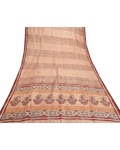 Sanskriti Vintage Cream Sarees Pure Silk Printed Sari Soft Indian Craft Fabric, PR-53702-Cream-Pure Silk-7