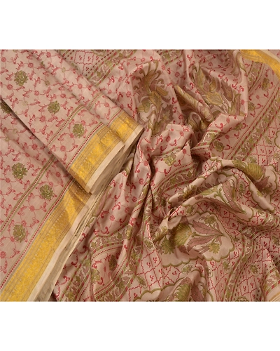 Sanskriti Vintage Brown Sarees Pure Silk Printed Zari Border Sari Craft Fabric, PR-53786-Brown-Pure Silk-1