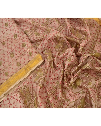 Sanskriti Vintage Brown Sarees Pure Silk Printed Zari Border Sari Craft Fabric, PR-53786-Brown-Pure Silk-2