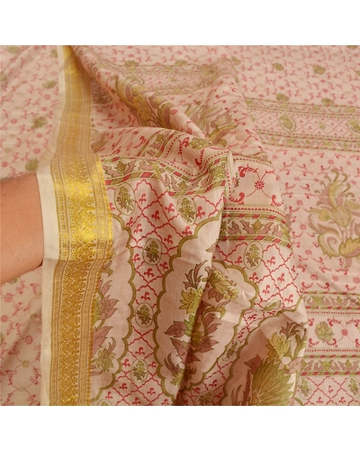 Sanskriti Vintage Brown Sarees Pure Silk Printed Zari Border Sari Craft Fabric, PR-53786-Brown-Pure Silk-5