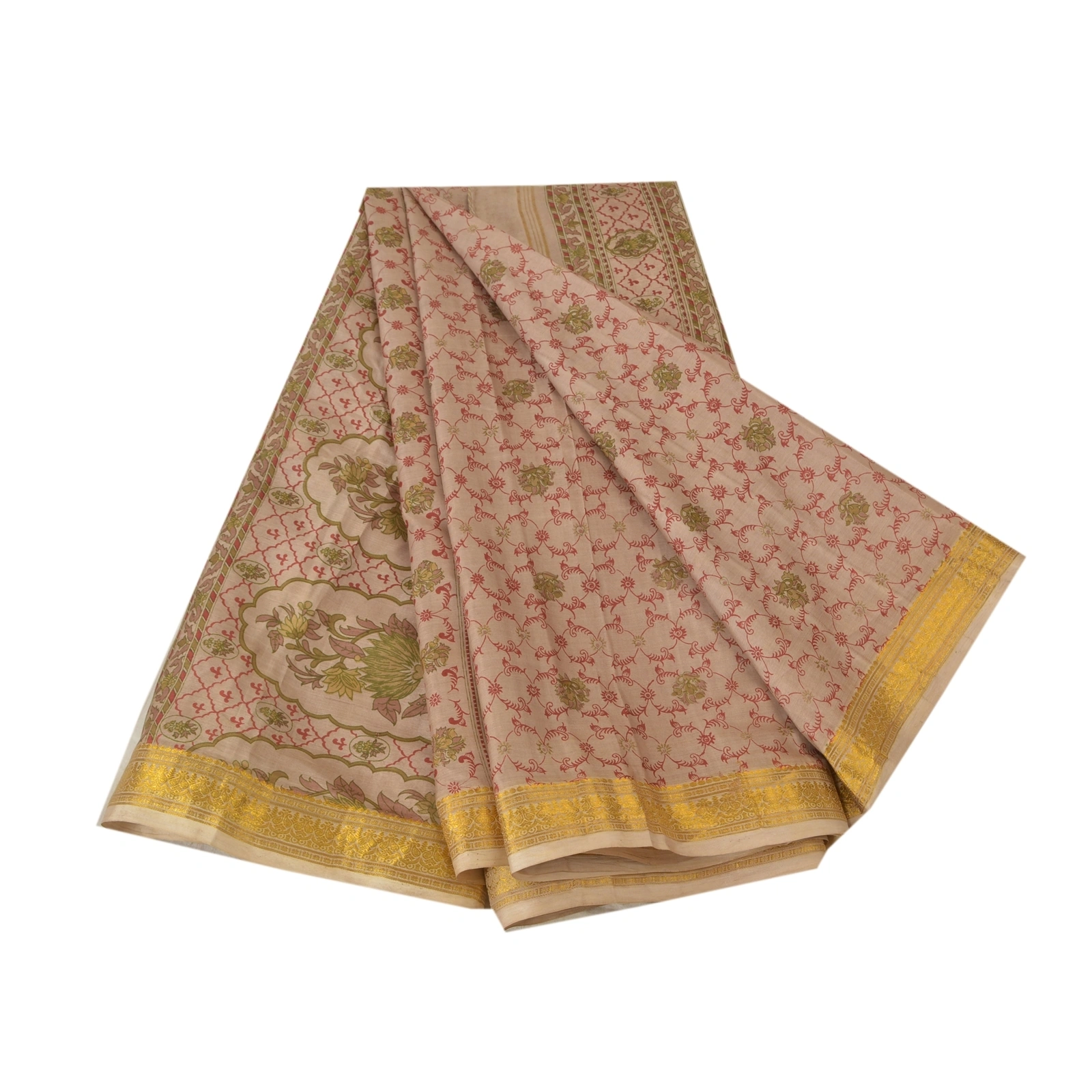 Sanskriti Vintage Brown Sarees Pure Silk Printed Zari Border Sari Craft Fabric, PR-53786-Brown-Pure Silk-6