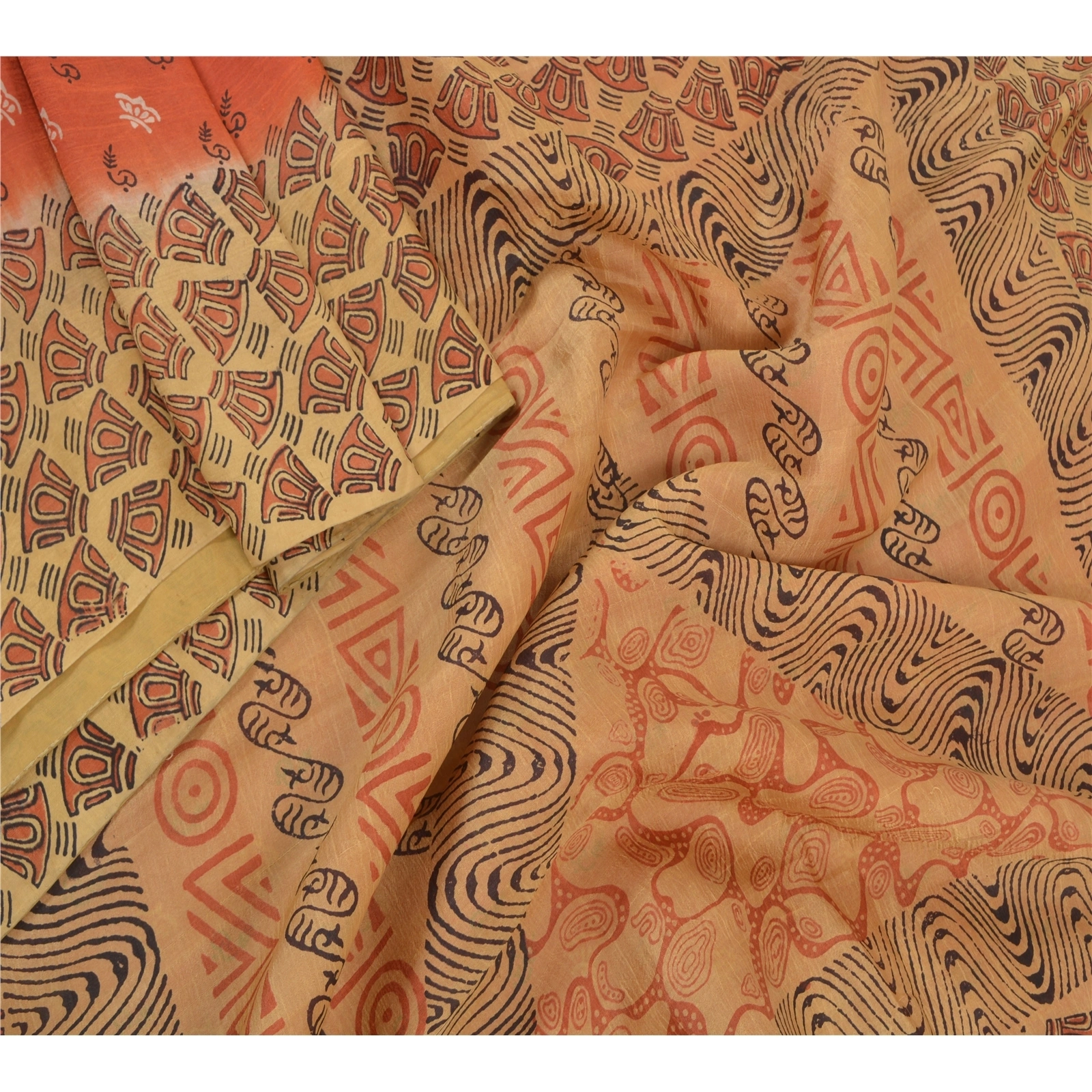 Sanskriti Vintage Peach &amp; Brown Sarees Pure Silk Printed Sari 5Yd Craft Fabric, PR-54050-Peach &amp; Brown-Pure Silk-1