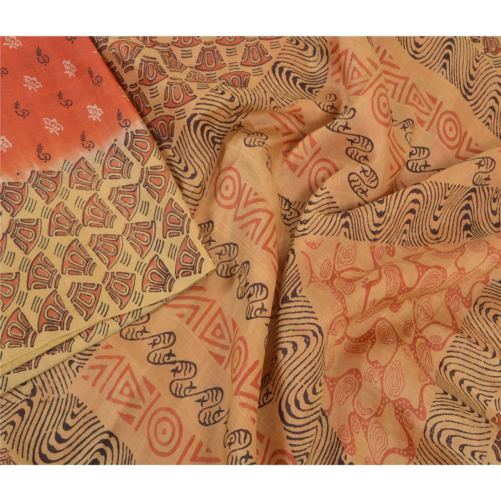 Sanskriti Vintage Peach &amp; Brown Sarees Pure Silk Printed Sari 5Yd Craft Fabric, PR-54050-Peach &amp; Brown-Pure Silk-2