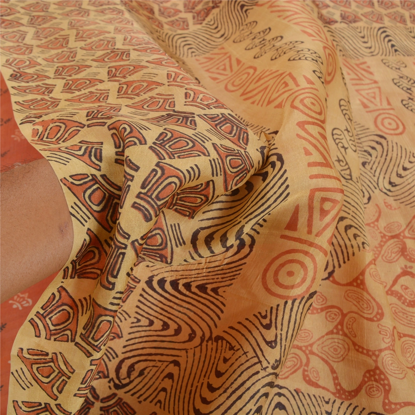 Sanskriti Vintage Peach &amp; Brown Sarees Pure Silk Printed Sari 5Yd Craft Fabric, PR-54050-Peach &amp; Brown-Pure Silk-5