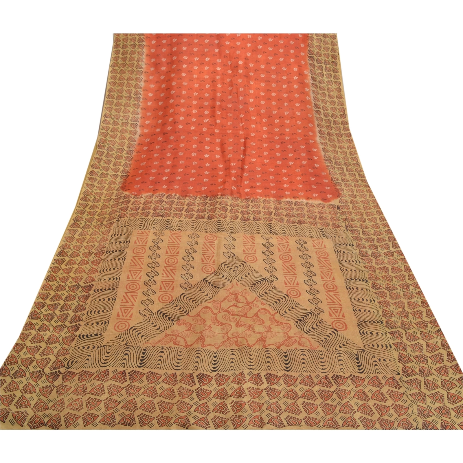 Sanskriti Vintage Peach &amp; Brown Sarees Pure Silk Printed Sari 5Yd Craft Fabric, PR-54050-Peach &amp; Brown-Pure Silk-7