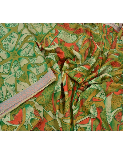 Sanskriti Vintage Green Sarees 100% Pure Silk Printed Sari Soft 5Yd Craft Fabric, PR-54205-Green-Pure Silk-2