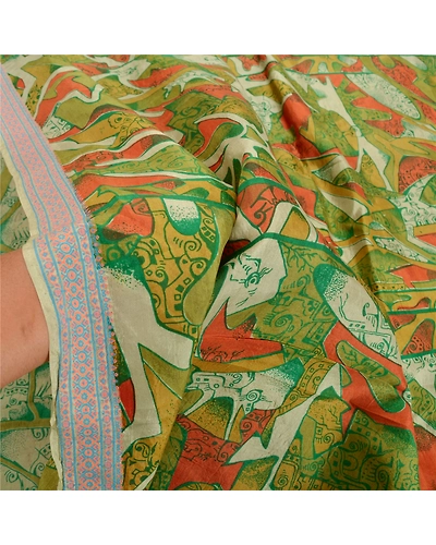 Sanskriti Vintage Green Sarees 100% Pure Silk Printed Sari Soft 5Yd Craft Fabric, PR-54205-Green-Pure Silk-5