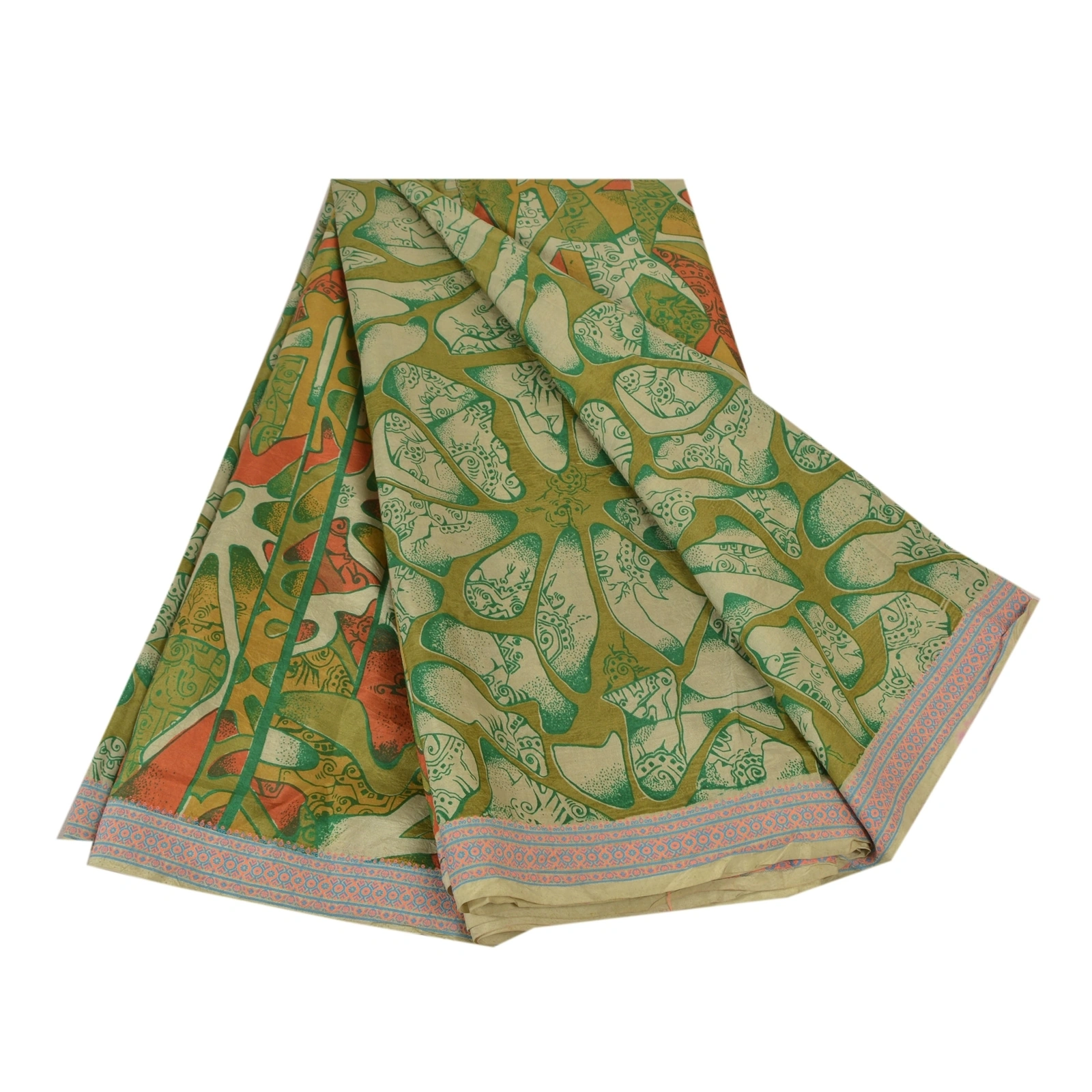 Sanskriti Vintage Green Sarees 100% Pure Silk Printed Sari Soft 5Yd Craft Fabric, PR-54205-Green-Pure Silk-6