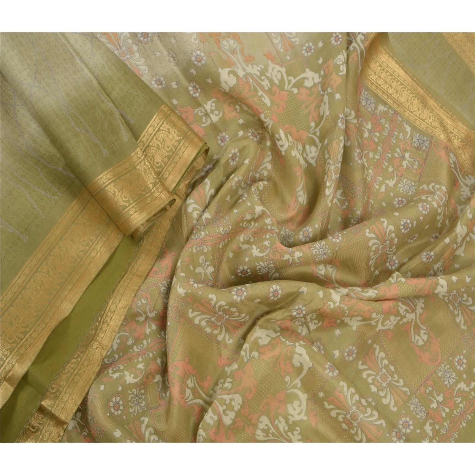 Sanskriti Vintage Green Sarees 100% Pure Silk Printed Sari Soft 5Yd Craft Fabric, PR-54276-Green-Pure Silk-1