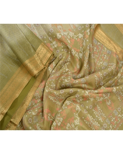 Sanskriti Vintage Green Sarees 100% Pure Silk Printed Sari Soft 5Yd Craft Fabric, PR-54276-Green-Pure Silk-1