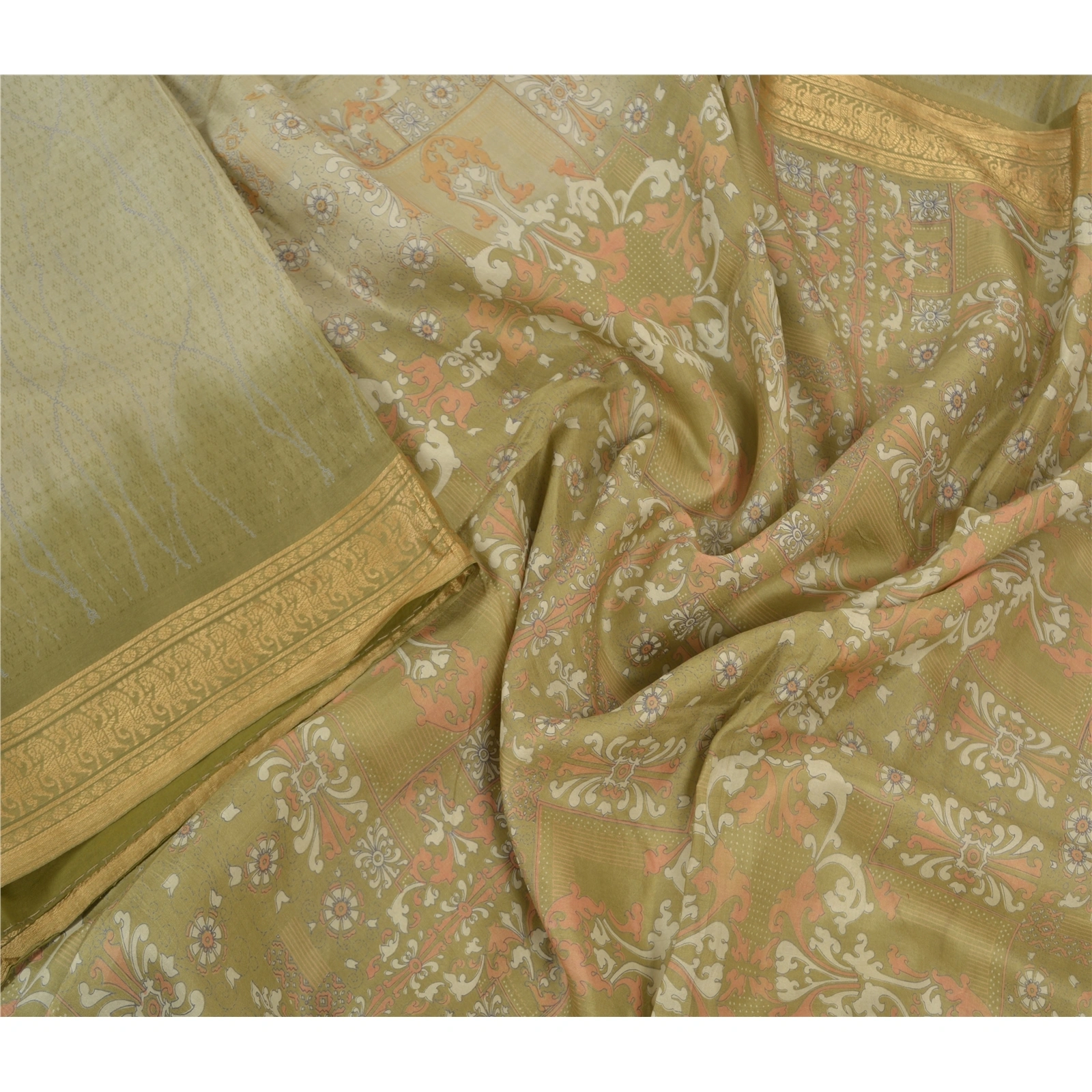 Sanskriti Vintage Green Sarees 100% Pure Silk Printed Sari Soft 5Yd Craft Fabric, PR-54276-Green-Pure Silk-2