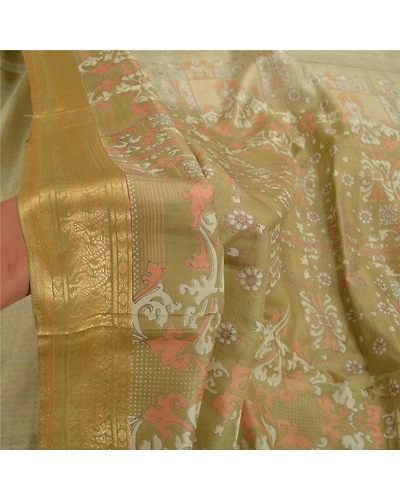 Sanskriti Vintage Green Sarees 100% Pure Silk Printed Sari Soft 5Yd Craft Fabric, PR-54276-Green-Pure Silk-5