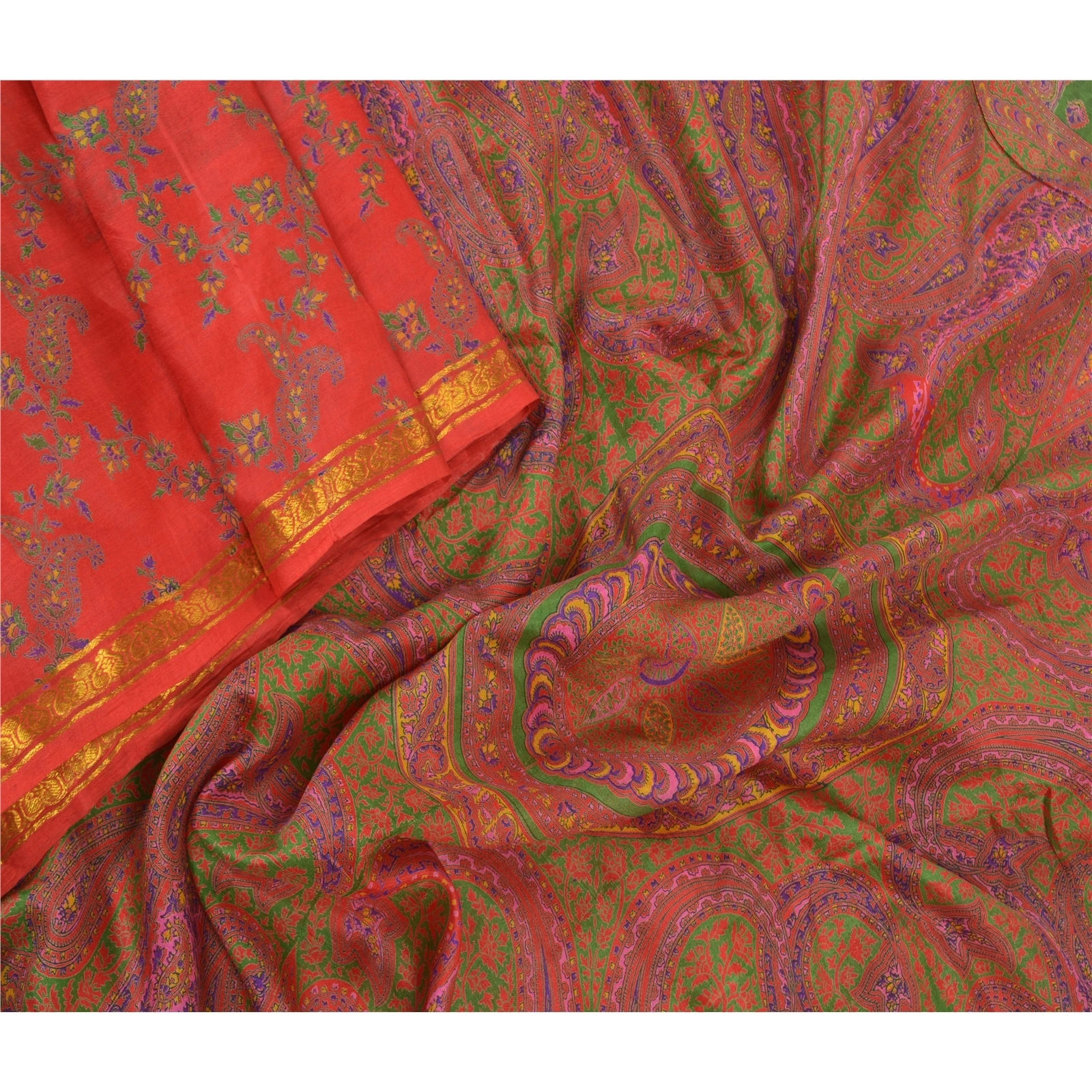 Sanskriti Vintage Red Indian Sarees Pure Silk Printed Zari Border Sari Fabric, PR-54346-Red-Pure Silk-1