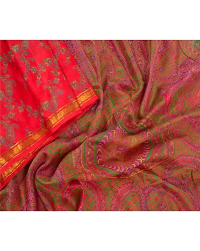 Sanskriti Vintage Red Indian Sarees Pure Silk Printed Zari Border Sari Fabric, PR-54346-Red-Pure Silk-1