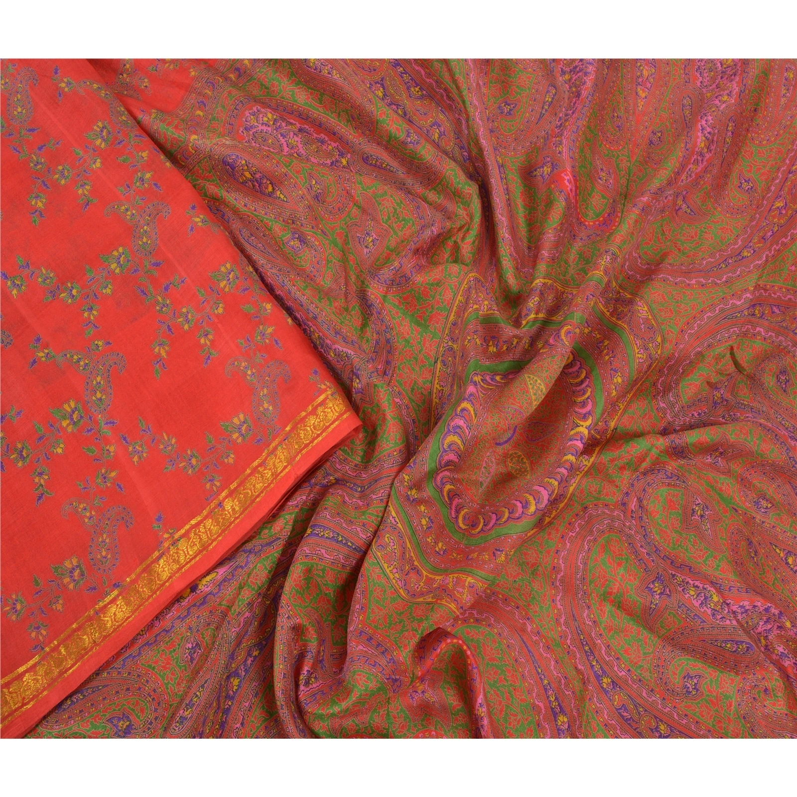 Sanskriti Vintage Red Indian Sarees Pure Silk Printed Zari Border Sari Fabric, PR-54346-Red-Pure Silk-2