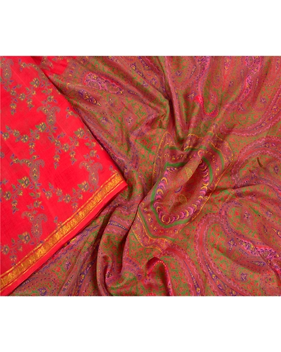 Sanskriti Vintage Red Indian Sarees Pure Silk Printed Zari Border Sari Fabric, PR-54346-Red-Pure Silk-2