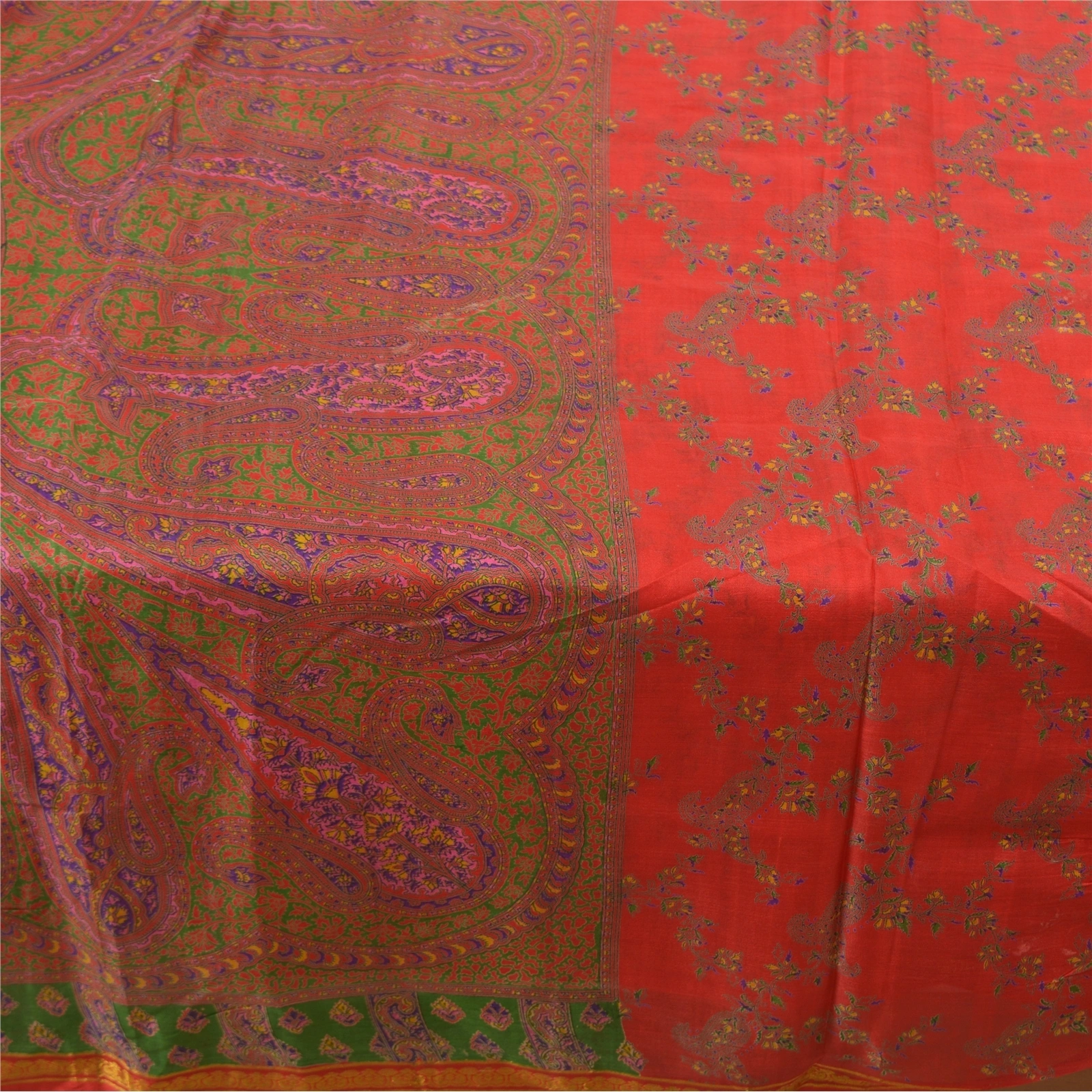 Sanskriti Vintage Red Indian Sarees Pure Silk Printed Zari Border Sari Fabric, PR-54346-Red-Pure Silk-3