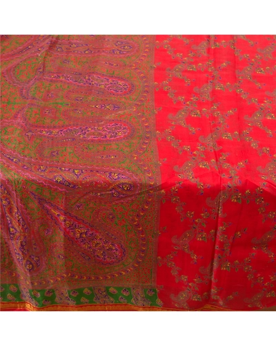 Sanskriti Vintage Red Indian Sarees Pure Silk Printed Zari Border Sari Fabric, PR-54346-Red-Pure Silk-3