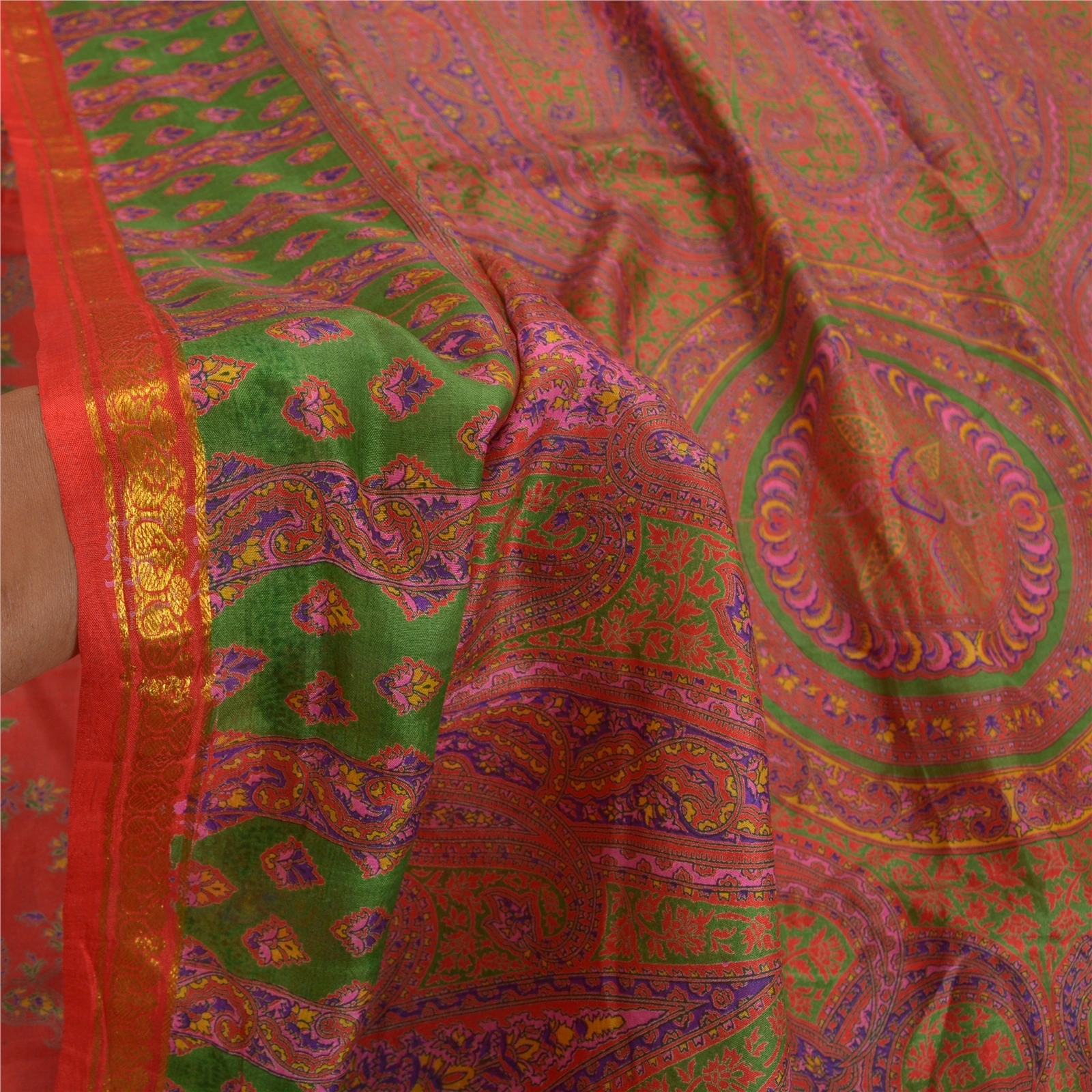 Sanskriti Vintage Red Indian Sarees Pure Silk Printed Zari Border Sari Fabric, PR-54346-Red-Pure Silk-5