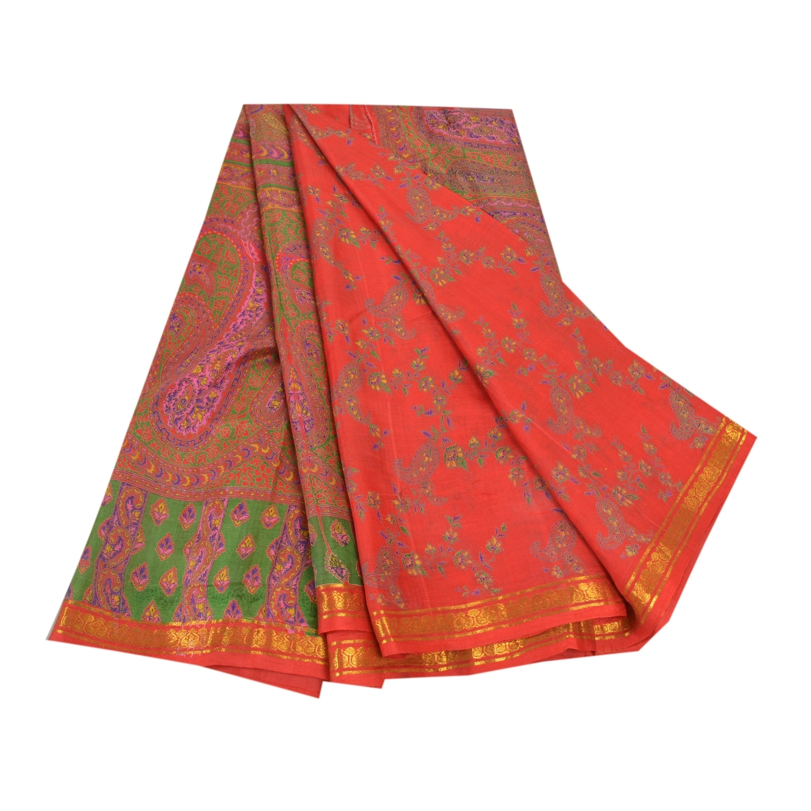 Sanskriti Vintage Red Indian Sarees Pure Silk Printed Zari Border Sari Fabric, PR-54346-Red-Pure Silk-6