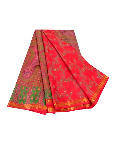 Sanskriti Vintage Red Indian Sarees Pure Silk Printed Zari Border Sari Fabric, PR-54346-Red-Pure Silk-6