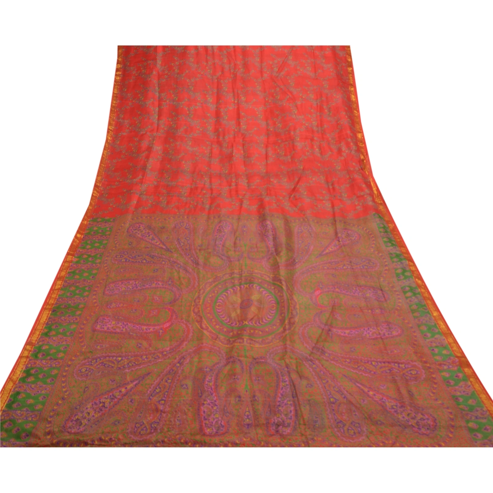 Sanskriti Vintage Red Indian Sarees Pure Silk Printed Zari Border Sari Fabric, PR-54346-Red-Pure Silk-7