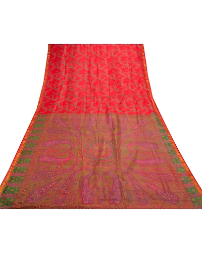 Sanskriti Vintage Red Indian Sarees Pure Silk Printed Zari Border Sari Fabric, PR-54346-Red-Pure Silk-7