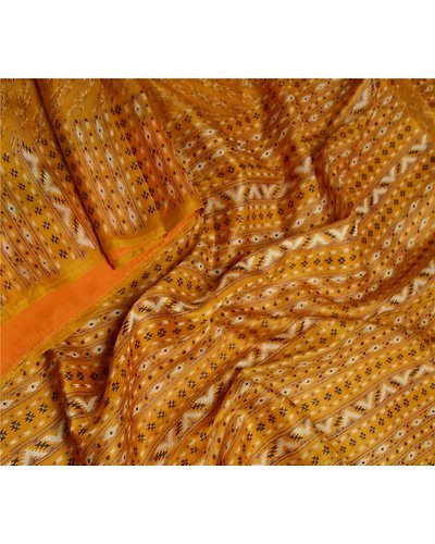 Sanskriti Vintage Mustard Sarees Pure Silk Printed Sari Soft 5Yd Craft Fabric, PR-54443-Mustard-Pure Silk-1