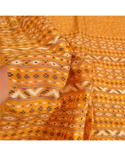 Sanskriti Vintage Mustard Sarees Pure Silk Printed Sari Soft 5Yd Craft Fabric, PR-54443-Mustard-Pure Silk-5